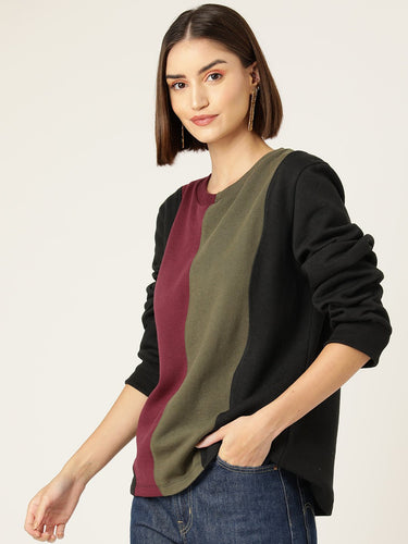 Striped Colour Blocked Fleece Sweatshirt - RueCollections